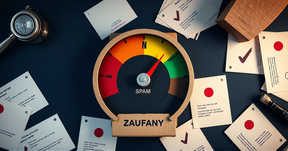 Wskaźnik zaufania z kartonu: strzałka przesuwa się ze strefy czerwonej 'SPAM' do zielonej 'ZAUFANY'
